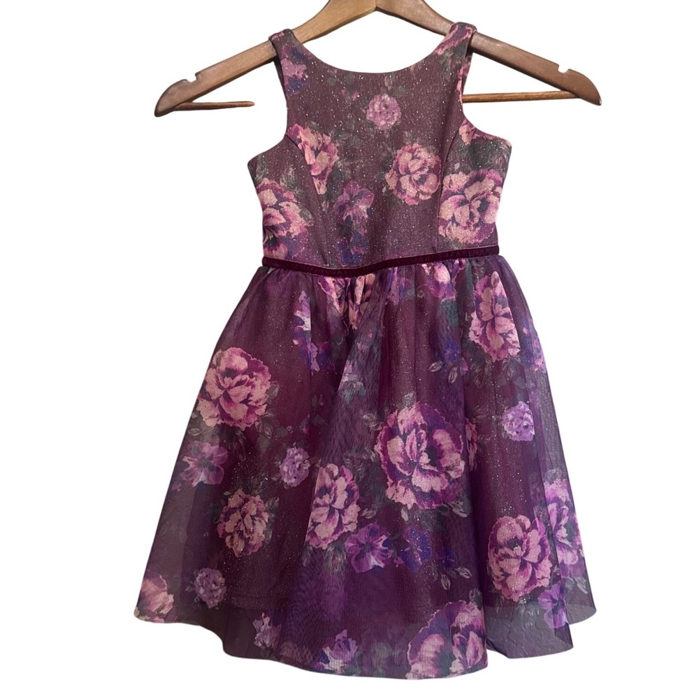 Zenzi Floral Party Dress‎ Girls XS 4/5 Purple Glitter Mesh Velvet Trim Excellent